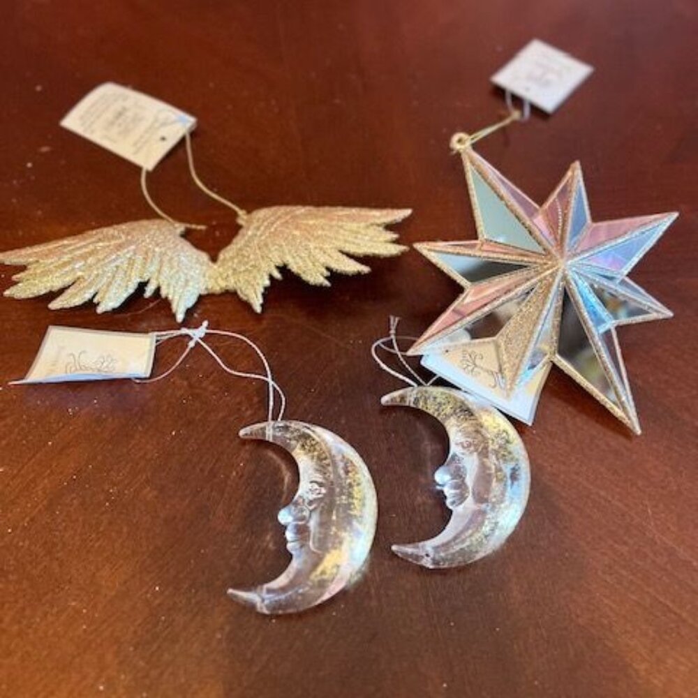 Set‎ Of 4 Glittery Christmas  Ornaments: Star, Angel Wings, Crescent Moon